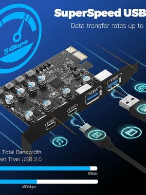 Expansion Card |  USB3.0 PCIE Card 2*USB A Port+2*USB C Port/USB3.2 GEN1 Expansion Controller Card Computer & Office Black