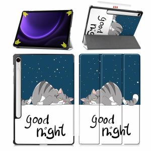 Tablets Accessories |  PU Tablet Case Cover with Trifold Stand Shockproof for Galaxy Tab S9/S9 FE 2023 Computer & Office Black/Grey/Dark Green/Navy Blue/Little Horse/Big Eyes/Graffiti/Fat Cat